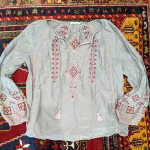 Johnny Was Size S Gray Embroidered Peasant Blouse